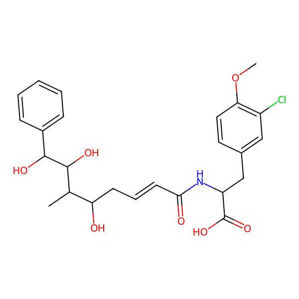 2D Structure of 3-(3-Chloro-4-methoxyphenyl)-2-[(5,7,8-trihydroxy-6-methyl-8-phenyloct-2-enoyl)amino]propanoic acid