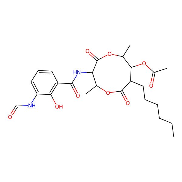 2D Structure of [3-[(3-Formamido-2-hydroxybenzoyl)amino]-8-hexyl-2,6-dimethyl-4,9-dioxo-1,5-dioxonan-7-yl] acetate