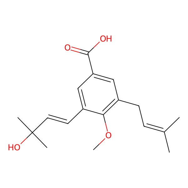 2D Structure of 3-(3-Hydroxy-3-methylbut-1-enyl)-4-methoxy-5-(3-methylbut-2-enyl)benzoic acid