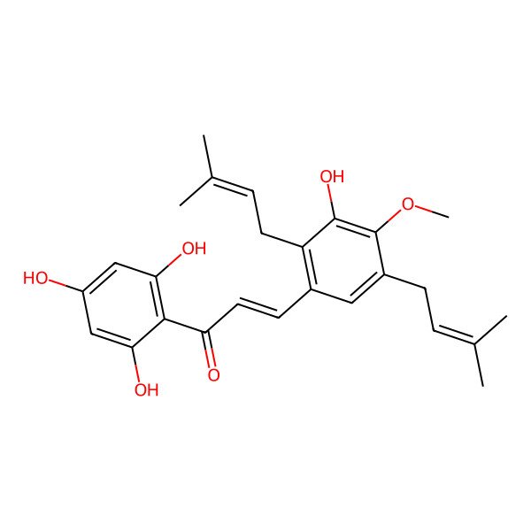 2D Structure of 3-[3-Hydroxy-4-methoxy-2,5-bis(3-methylbut-2-enyl)phenyl]-1-(2,4,6-trihydroxyphenyl)prop-2-en-1-one
