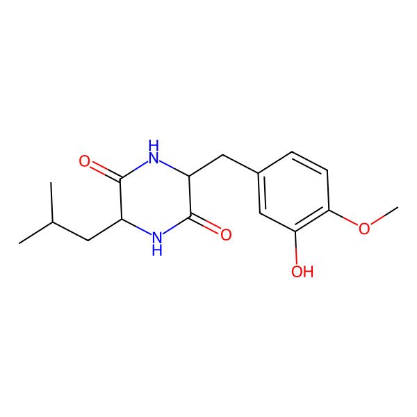 2D Structure of 3-[(3-Hydroxy-4-methoxyphenyl)methyl]-6-(2-methylpropyl)piperazine-2,5-dione