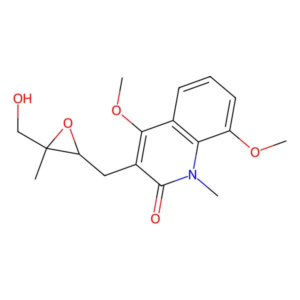2D Structure of 3-[[3-(Hydroxymethyl)-3-methyloxiran-2-yl]methyl]-4,8-dimethoxy-1-methylquinolin-2-one