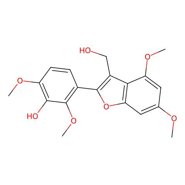 2D Structure of 3-[3-(Hydroxymethyl)-4,6-dimethoxy-1-benzofuran-2-yl]-2,6-dimethoxyphenol