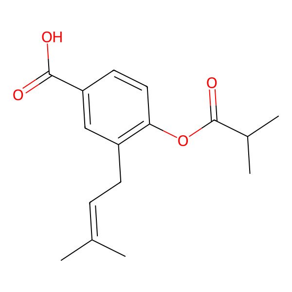 2D Structure of 3-(3-Methylbut-2-enyl)-4-(2-methylpropanoyloxy)benzoic acid