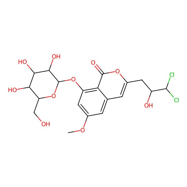 2D Structure of 3-(3,3-dichloro-2-hydroxylpropyl)-6-methoxy-8-O-beta-D-glucopyranosyl-1H-isochromen-1-one