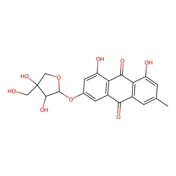 2D Structure of 3-[3,4-Dihydroxy-4-(hydroxymethyl)oxolan-2-yl]oxy-1,8-dihydroxy-6-methylanthracene-9,10-dione