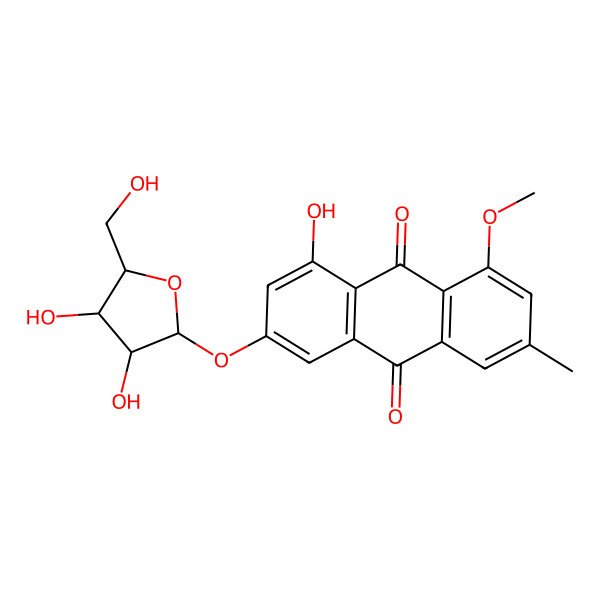 2D Structure of 3-[3,4-Dihydroxy-5-(hydroxymethyl)oxolan-2-yl]oxy-1-hydroxy-8-methoxy-6-methylanthracene-9,10-dione