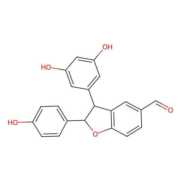 2D Structure of 3-(3,5-Dihydroxyphenyl)-2-(4-hydroxyphenyl)-2,3-dihydro-1-benzofuran-5-carbaldehyde