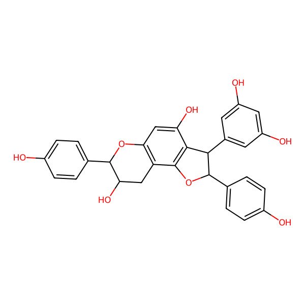 2D Structure of 3-(3,5-dihydroxyphenyl)-2,7-bis(4-hydroxyphenyl)-3,7,8,9-tetrahydro-2H-furo[2,3-f]chromene-4,8-diol
