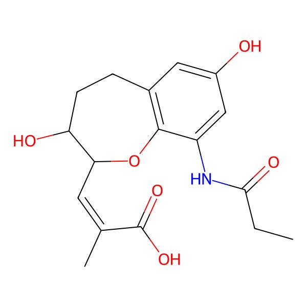 2D Structure of 3-[3,7-Dihydroxy-9-(propanoylamino)-2,3,4,5-tetrahydro-1-benzoxepin-2-yl]-2-methylprop-2-enoic acid