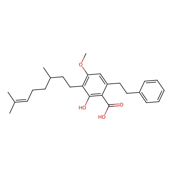 2D Structure of 3-(3,7-Dimethyloct-6-enyl)-2-hydroxy-4-methoxy-6-(2-phenylethyl)benzoic acid