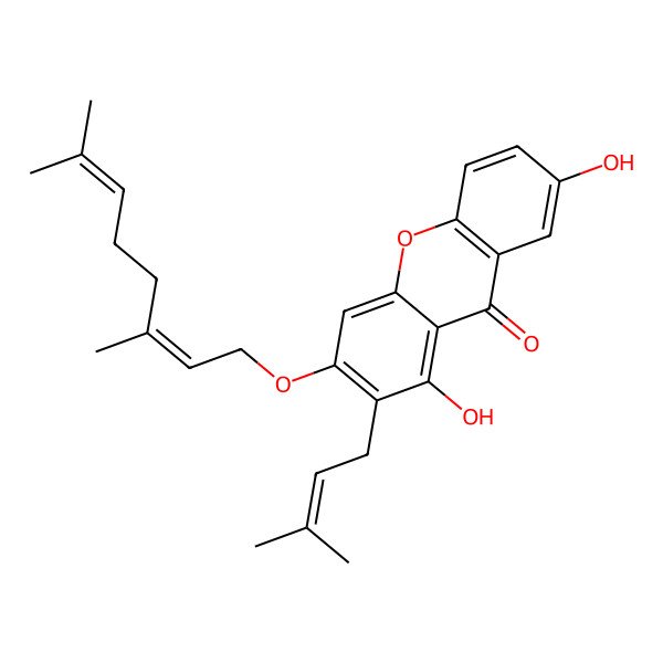 2D Structure of 3-(3,7-Dimethylocta-2,6-dienoxy)-1,7-dihydroxy-2-(3-methylbut-2-enyl)xanthen-9-one