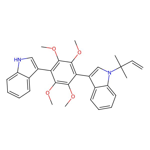 2D Structure of 3-[4-(1H-indol-3-yl)-2,3,5,6-tetramethoxyphenyl]-1-(2-methylbut-3-en-2-yl)indole