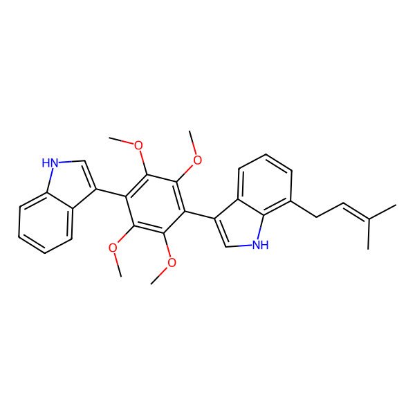 2D Structure of 3-[4-(1H-indol-3-yl)-2,3,5,6-tetramethoxyphenyl]-7-(3-methylbut-2-enyl)-1H-indole