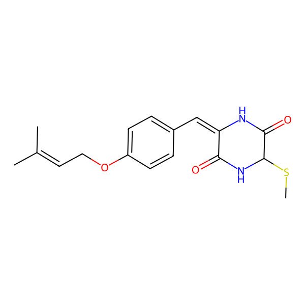 2D Structure of 3-[[4-(3-Methylbut-2-enoxy)phenyl]methylidene]-6-methylsulfanylpiperazine-2,5-dione