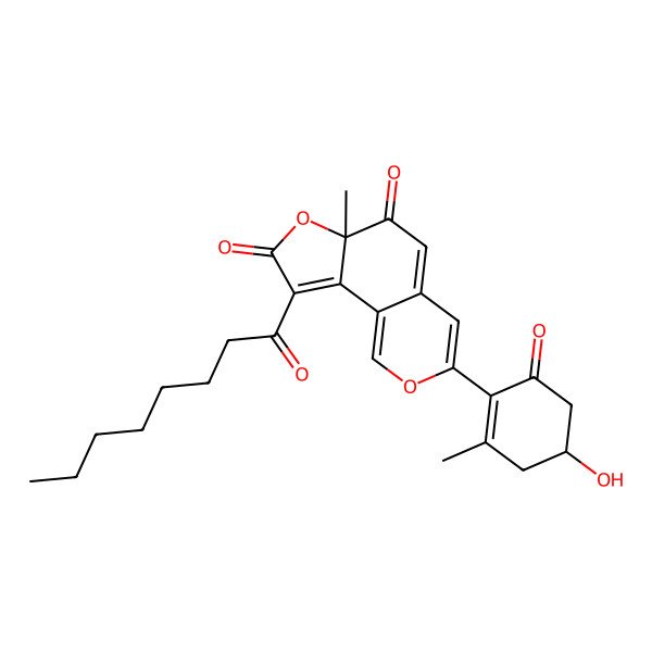 2D Structure of 3-(4-Hydroxy-2-methyl-6-oxocyclohexen-1-yl)-6a-methyl-9-octanoylfuro[2,3-h]isochromene-6,8-dione