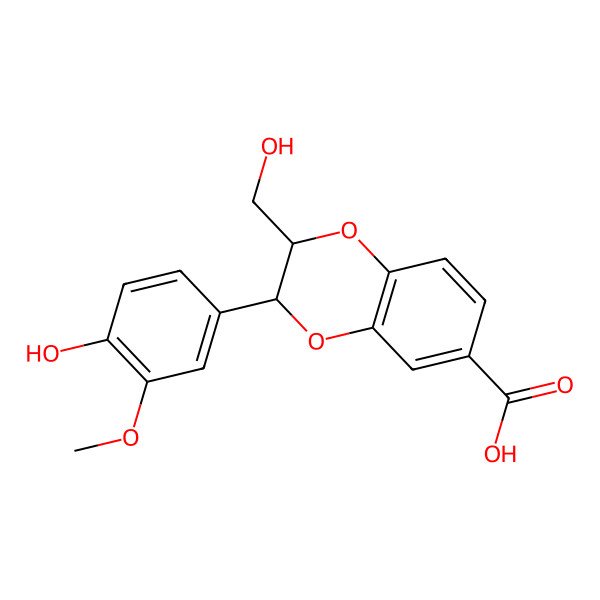 2D Structure of 3-(4-Hydroxy-3-methoxyphenyl)-2-(hydroxymethyl)-2,3-dihydro-1,4-benzodioxine-6-carboxylic acid