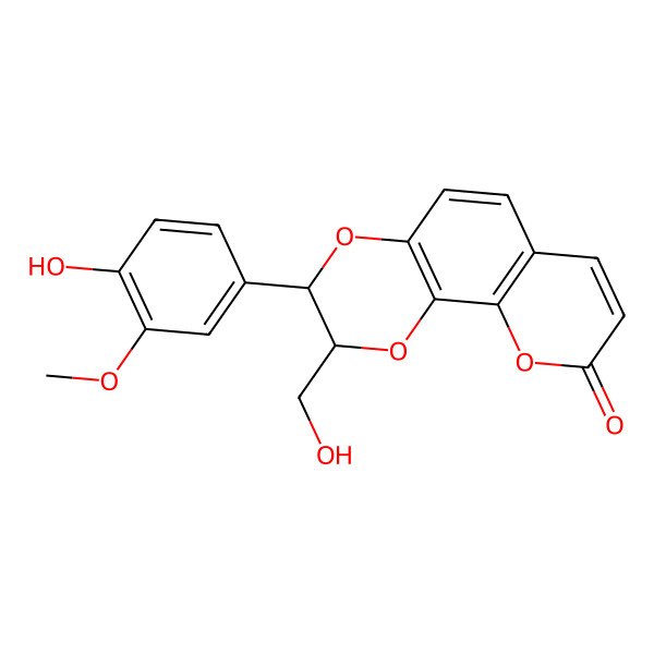 2D Structure of 3-(4-Hydroxy-3-methoxyphenyl)-2-(hydroxymethyl)-2,3-dihydropyrano[3,2-h][1,4]benzodioxin-9-one