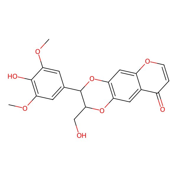 2D Structure of 3-(4-Hydroxy-3,5-dimethoxyphenyl)-2-(hydroxymethyl)-2,3-dihydropyrano[3,2-g][1,4]benzodioxin-9-one