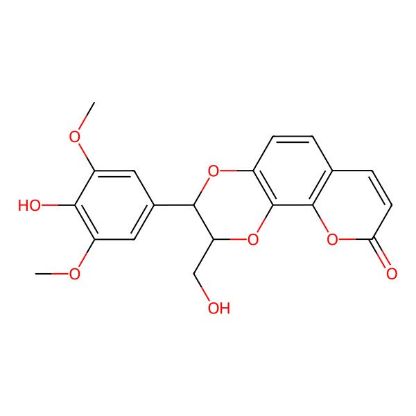 2D Structure of 3-(4-Hydroxy-3,5-dimethoxyphenyl)-2-(hydroxymethyl)-2,3-dihydropyrano[3,2-h][1,4]benzodioxin-9-one