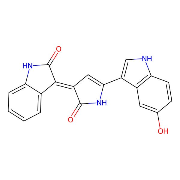 2D Structure of 3-[5-(5-hydroxy-1H-indol-3-yl)-2-oxo-1H-pyrrol-3-ylidene]-1H-indol-2-one