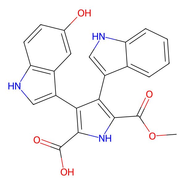 2D Structure of 3-(5-hydroxy-1H-indol-3-yl)-4-(1H-indol-3-yl)-5-methoxycarbonyl-1H-pyrrole-2-carboxylic acid