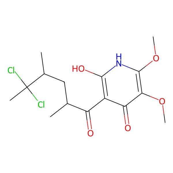 2D Structure of 3-(5,5-dichloro-2,4-dimethylhexanoyl)-2-hydroxy-5,6-dimethoxy-1H-pyridin-4-one