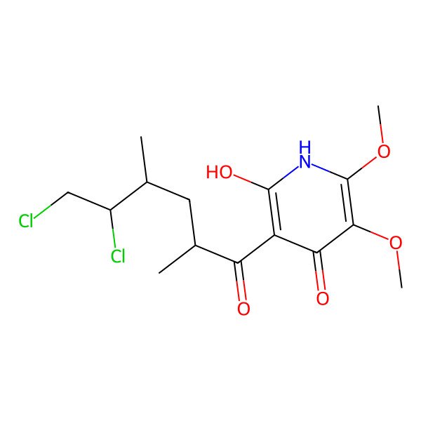 2D Structure of 3-(5,6-dichloro-2,4-dimethylhexanoyl)-2-hydroxy-5,6-dimethoxy-1H-pyridin-4-one