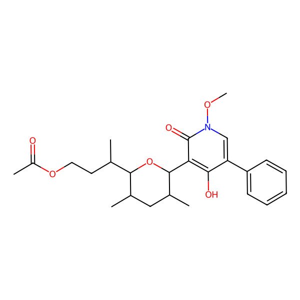 2D Structure of 3-[6-(4-Hydroxy-1-methoxy-2-oxo-5-phenylpyridin-3-yl)-3,5-dimethyloxan-2-yl]butyl acetate