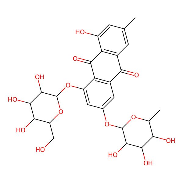 2D Structure of 4-(Hexopyranosyloxy)-5-hydroxy-7-methyl-9,10-dioxo-9,10-dihydroanthracen-2-yl 6-deoxyhexopyranoside