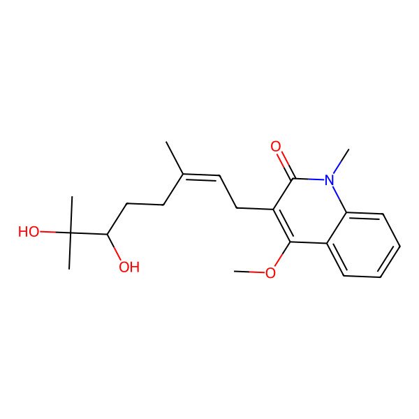 2D Structure of 3-(6,7-Dihydroxy-3,7-dimethyloct-2-enyl)-4-methoxy-1-methylquinolin-2-one 2D Structure of 3-(6,7-Dihydroxy-3,7-dimethyloct-2-enyl)-4-methoxy-1-methylquinolin-2-one