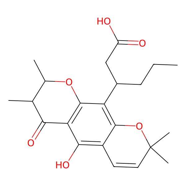 2D Structure of 3-[(7R,8S)-5-hydroxy-2,2,7,8-tetramethyl-6-oxo-7,8-dihydropyrano[3,2-g]chromen-10-yl]hexanoic acid