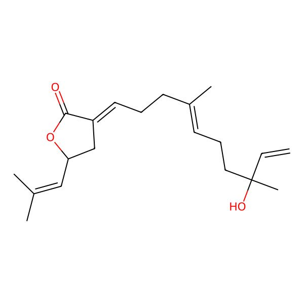 2D Structure of 3-(8-Hydroxy-4,8-dimethyldeca-4,9-dienylidene)-5-(2-methylprop-1-enyl)oxolan-2-one 2D Structure of 3-(8-Hydroxy-4,8-dimethyldeca-4,9-dienylidene)-5-(2-methylprop-1-enyl)oxolan-2-one