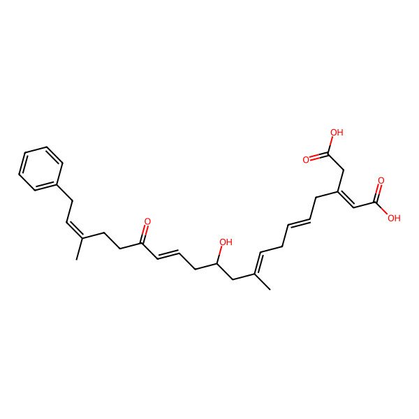 2D Structure of 3-(8-Hydroxy-6,15-dimethyl-12-oxo-17-phenylheptadeca-2,5,10,15-tetraenyl)pent-2-enedioic acid