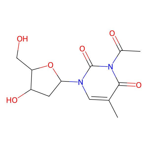 2D Structure of 3-acetyl-1-[(2R,5R)-4-hydroxy-5-(hydroxymethyl)oxolan-2-yl]-5-methylpyrimidine-2,4-dione