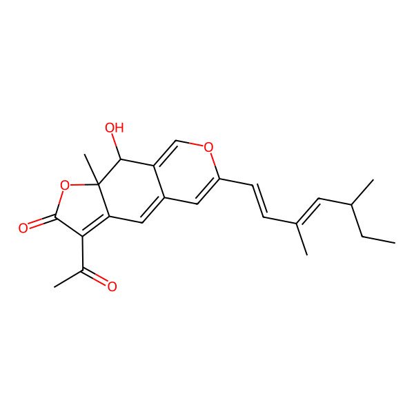 2D Structure of 3-acetyl-6-(3,5-dimethylhepta-1,3-dienyl)-9-hydroxy-9a-methyl-9H-furo[3,2-g]isochromen-2-one