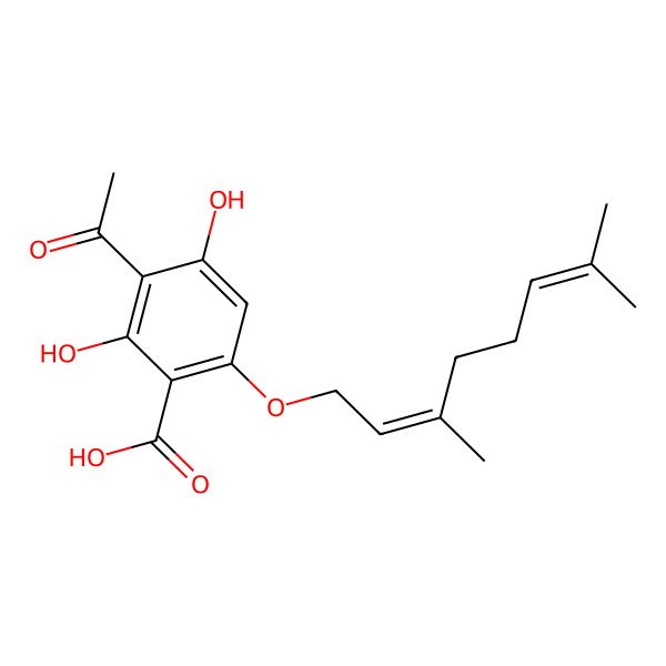 2D Structure of 3-Acetyl-6-(3,7-dimethylocta-2,6-dienoxy)-2,4-dihydroxybenzoic acid