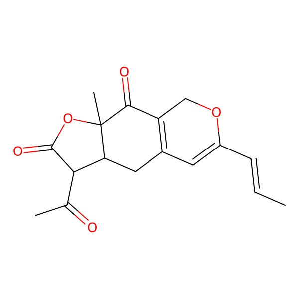 2D Structure of 3-Acetyl-9a-methyl-6-prop-1-enyl-3,3a,4,8-tetrahydrofuro[3,2-g]isochromene-2,9-dione