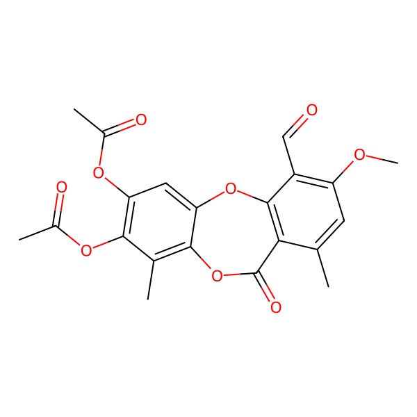 2D Structure of (3-Acetyloxy-10-formyl-9-methoxy-4,7-dimethyl-6-oxobenzo[b][1,4]benzodioxepin-2-yl) acetate