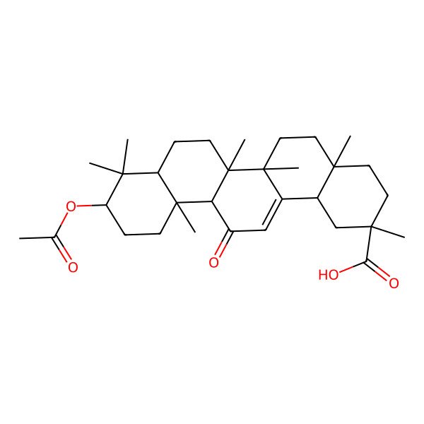 2D Structure of 10-acetyloxy-2,4a,6a,6b,9,9,12a-heptamethyl-13-oxo-3,4,5,6,6a,7,8,8a,10,11,12,14b-dodecahydro-1H-picene-2-carboxylic acid