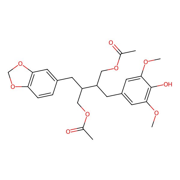 2D Structure of [3-(Acetyloxymethyl)-2-(1,3-benzodioxol-5-ylmethyl)-4-(4-hydroxy-3,5-dimethoxyphenyl)butyl] acetate