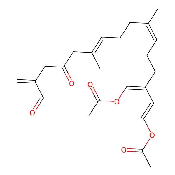 2D Structure of [3-(Acetyloxymethylidene)-15-formyl-7,11-dimethyl-13-oxohexadeca-1,6,10,15-tetraenyl] acetate