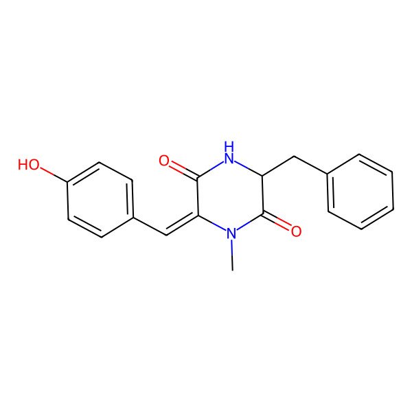 2D Structure of 3-Benzyl-6-[(4-hydroxyphenyl)methylidene]-1-methylpiperazine-2,5-dione