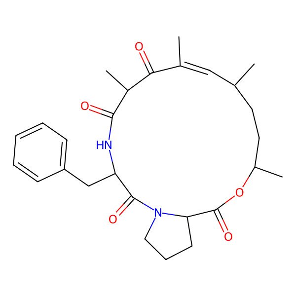 2D Structure of 3-Benzyl-6,8,10,13-tetramethyl-14-oxa-1,4-diazabicyclo[14.3.0]nonadec-8-ene-2,5,7,15-tetrone
