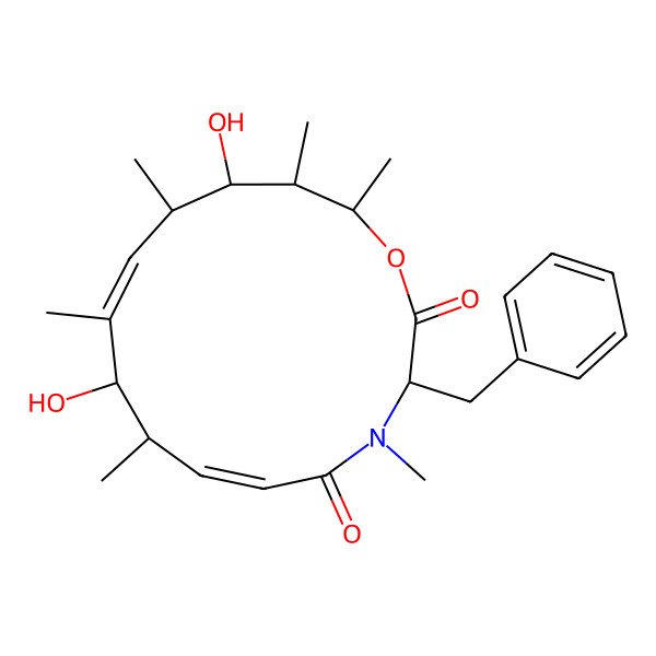 2D Structure of 3-Benzyl-9,13-dihydroxy-4,8,10,12,14,15-hexamethyl-1-oxa-4-azacyclopentadeca-6,10-diene-2,5-dione