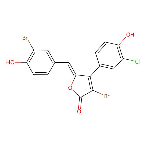 2D Structure of 3-Bromo-5-[(3-bromo-4-hydroxyphenyl)methylidene]-4-(3-chloro-4-hydroxyphenyl)furan-2-one