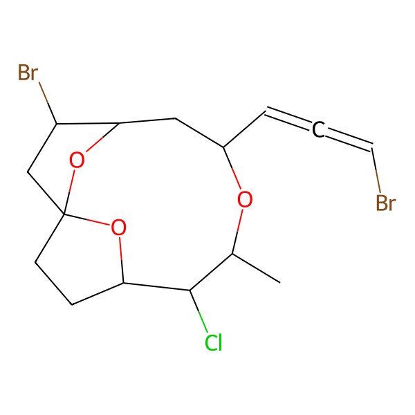 2D Structure of 3-Bromo-6-(3-bromopropa-1,2-dienyl)-9-chloro-8-methyl-7,13,14-trioxatricyclo[8.2.1.11,4]tetradecane