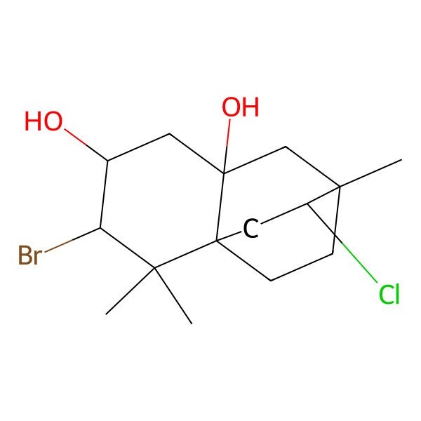 2D Structure of 3-Bromo-9-chloro-2,2,8-trimethyltricyclo[6.2.2.01,6]dodecane-4,6-diol