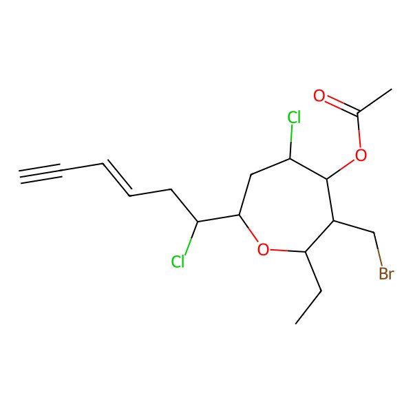 2D Structure of [3-(Bromomethyl)-5-chloro-7-(1-chlorohex-3-en-5-ynyl)-2-ethyloxepan-4-yl] acetate
