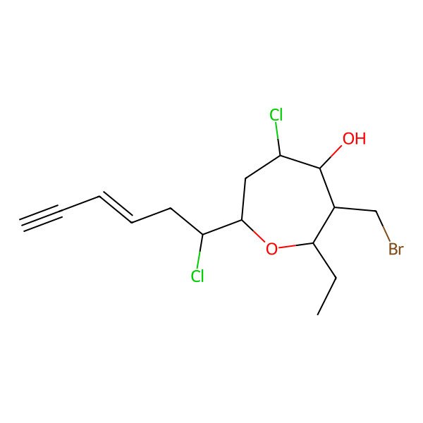 2D Structure of 3-(Bromomethyl)-5-chloro-7-((E)-1-chlorohex-3-en-5-ynyl)-2-ethyloxepan-4-ol